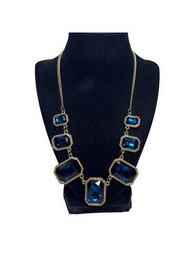 Gold Tone With Faceted Graduating Blue Rectangle Statement Necklace (6363-1-2)